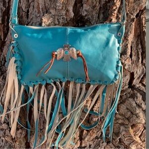 Turquoise Fringe Leather Thunderbird Crossbody Bag